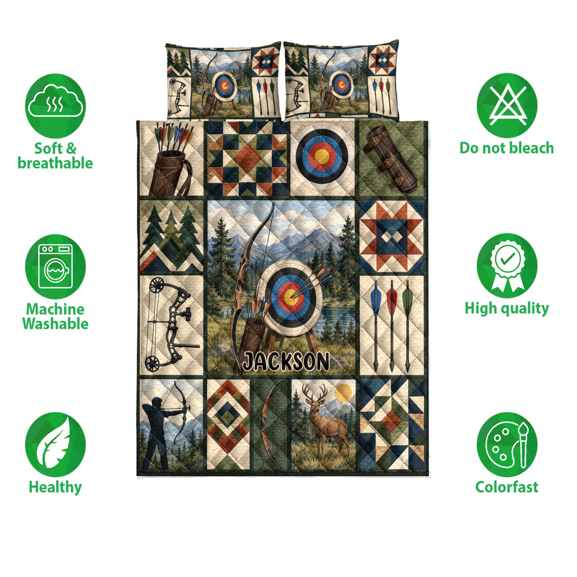 Archery quilt bedding set displayed with bow, arrow, target, quiver, and woodland artwork
