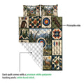 Archery quilt blanket detail showing the printed front and white quilted backing