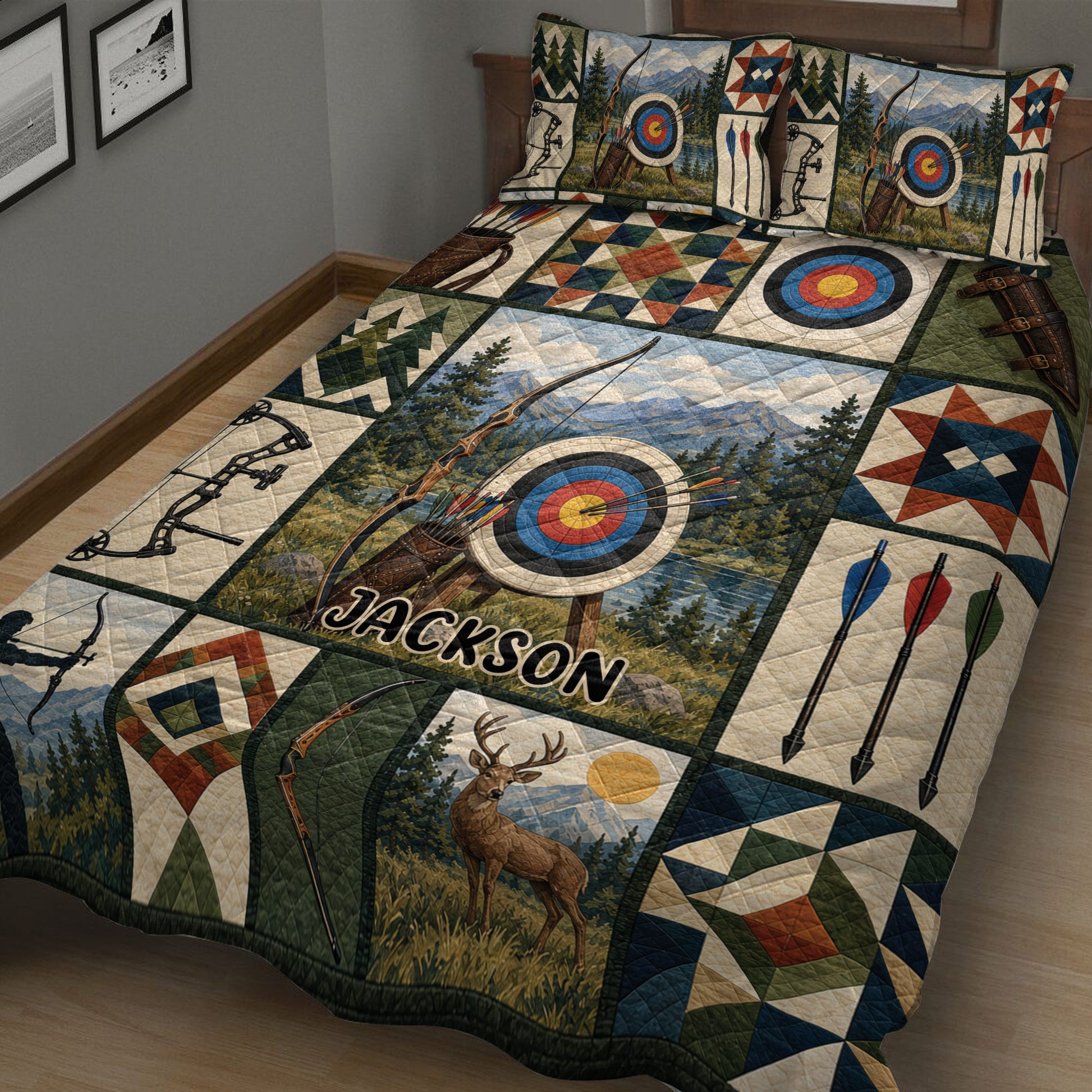 Close view of archery quilt bedding with bows, arrows, targets, quivers, and rustic woodland scenes
