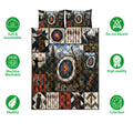 Archery quilt bedding set shown flat with target, bow, arrow, quiver, and outdoor woodland artwork