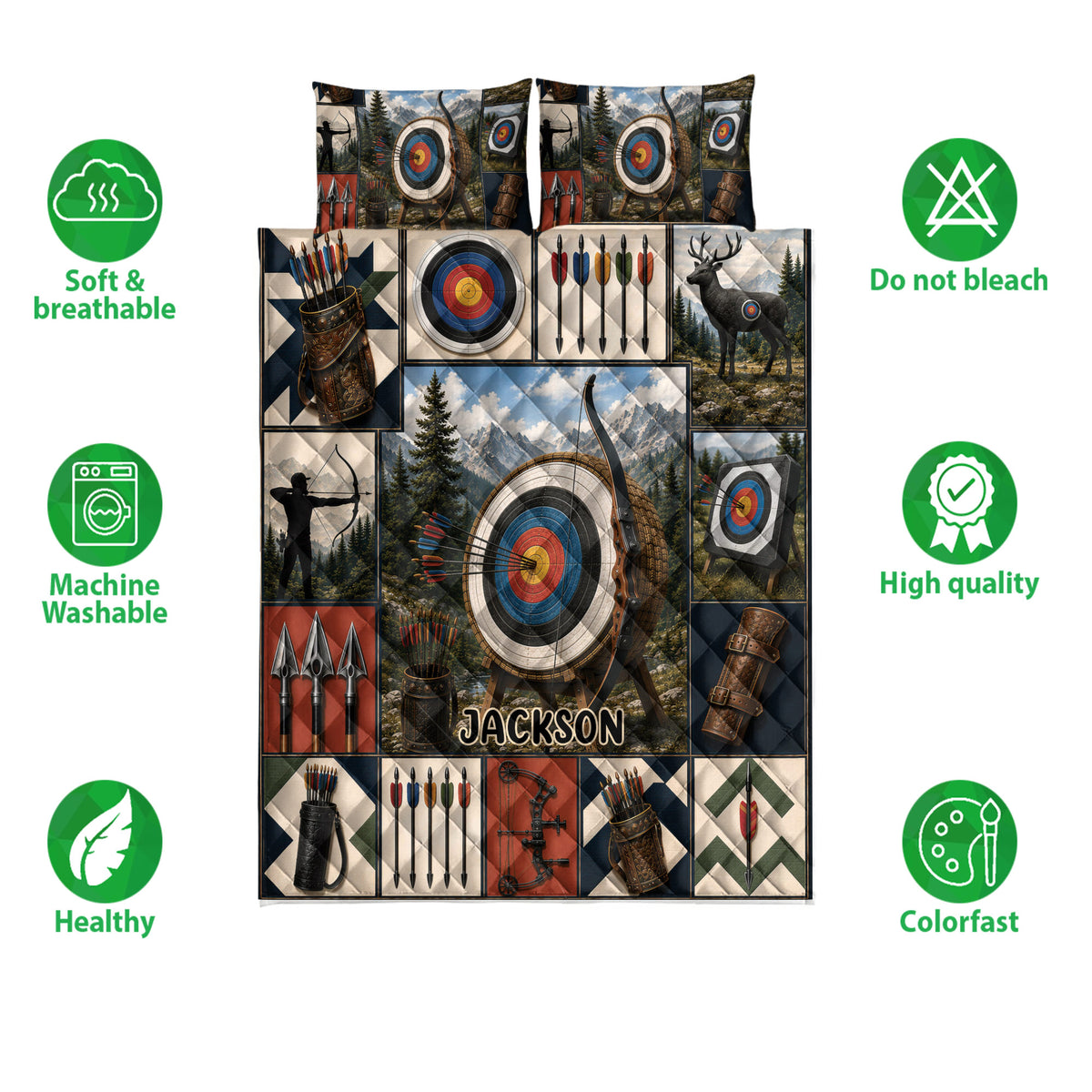 Archery quilt bedding set shown flat with target, bow, arrow, quiver, and outdoor woodland artwork