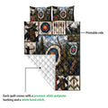 Archery quilt showing its colorful printed front and white diamond-stitched reverse side