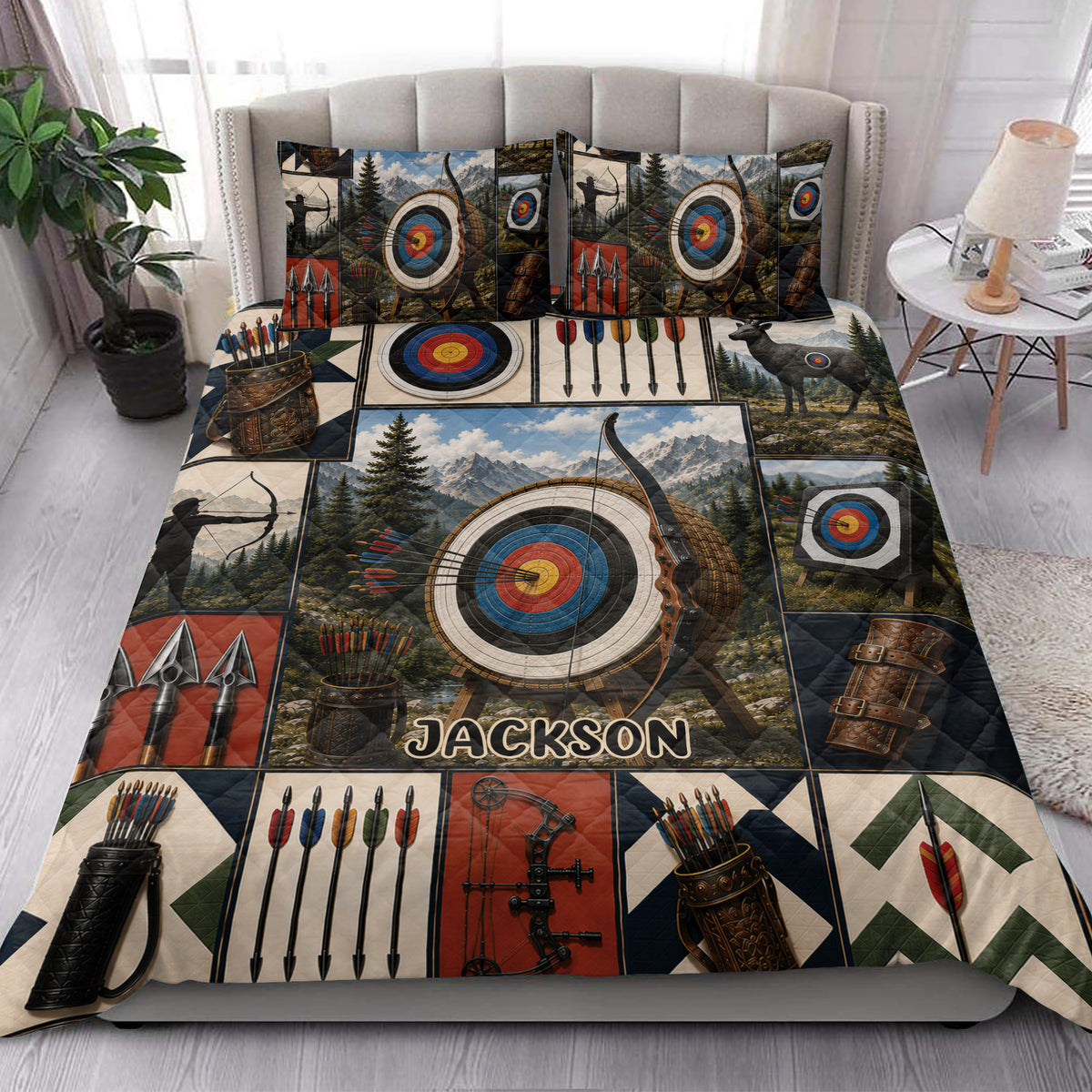 Archery quilt blanket styled in a bright bedroom with target, bow, arrows, and mountain scenes