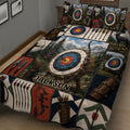 Close view of archery quilt bedding with target artwork, bow, arrows, quivers, and woodland details