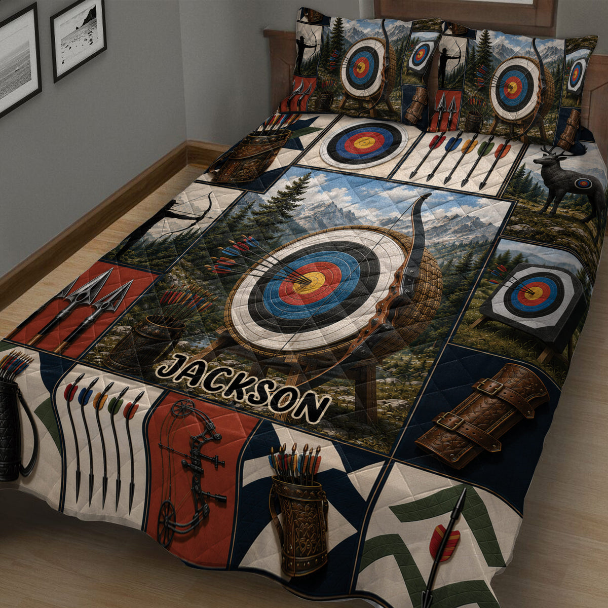 Close view of archery quilt bedding with target artwork, bow, arrows, quivers, and woodland details