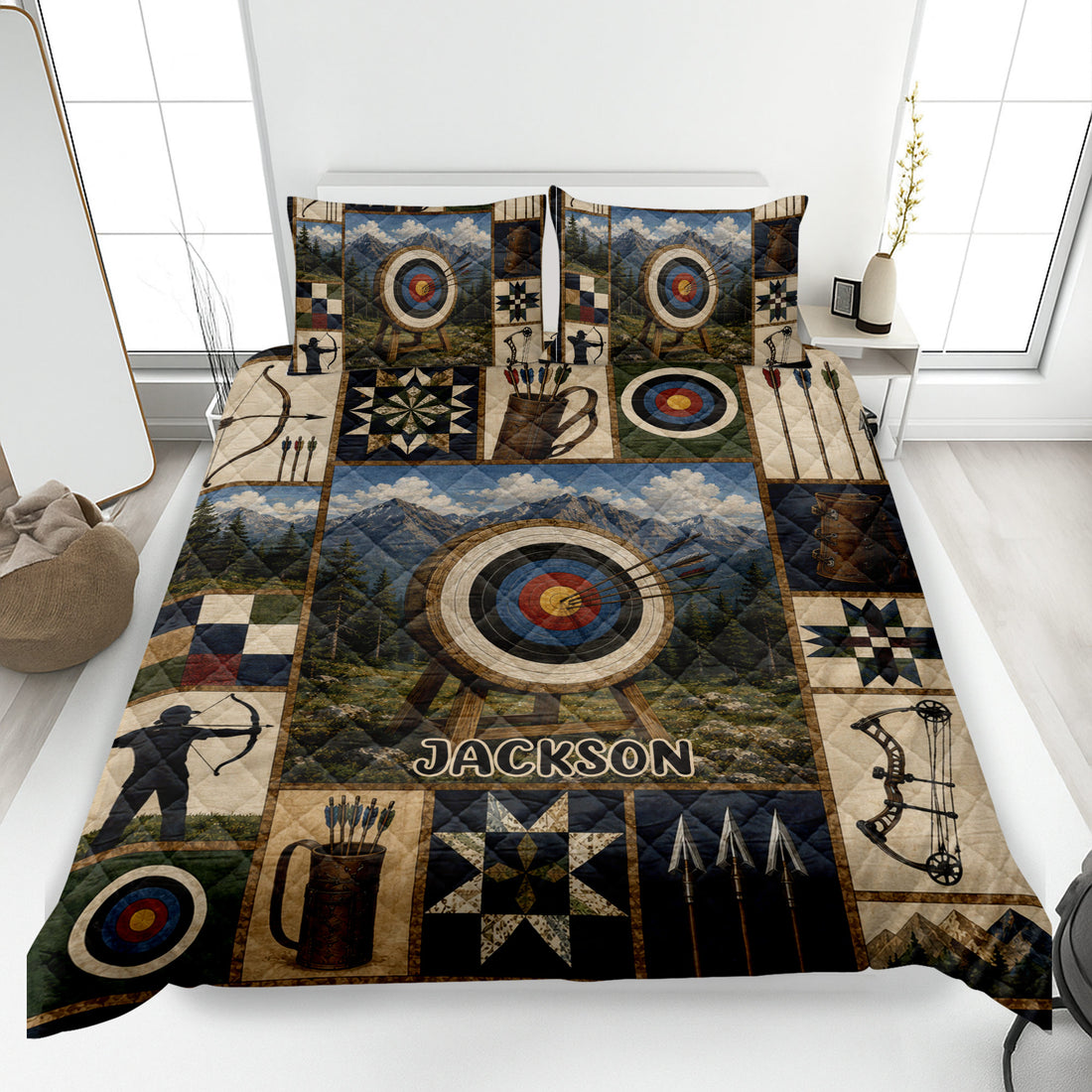 Archery quilt blanket displayed on a bed with mountain scenery, targets, bows, arrows, and rustic outdoor artwork