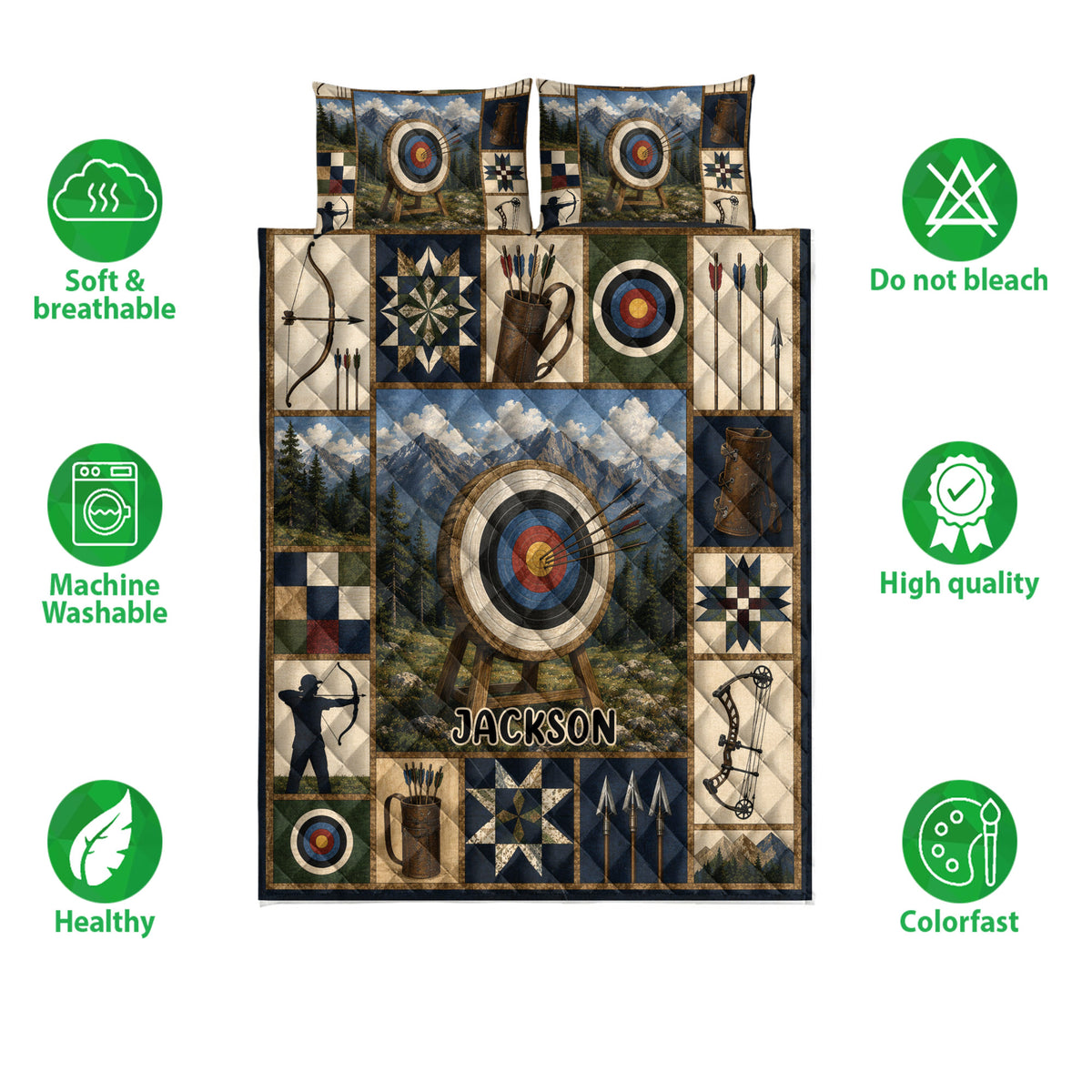 Archery quilt bedding set shown front-facing with target, bow, arrow, mountain, and archer artwork