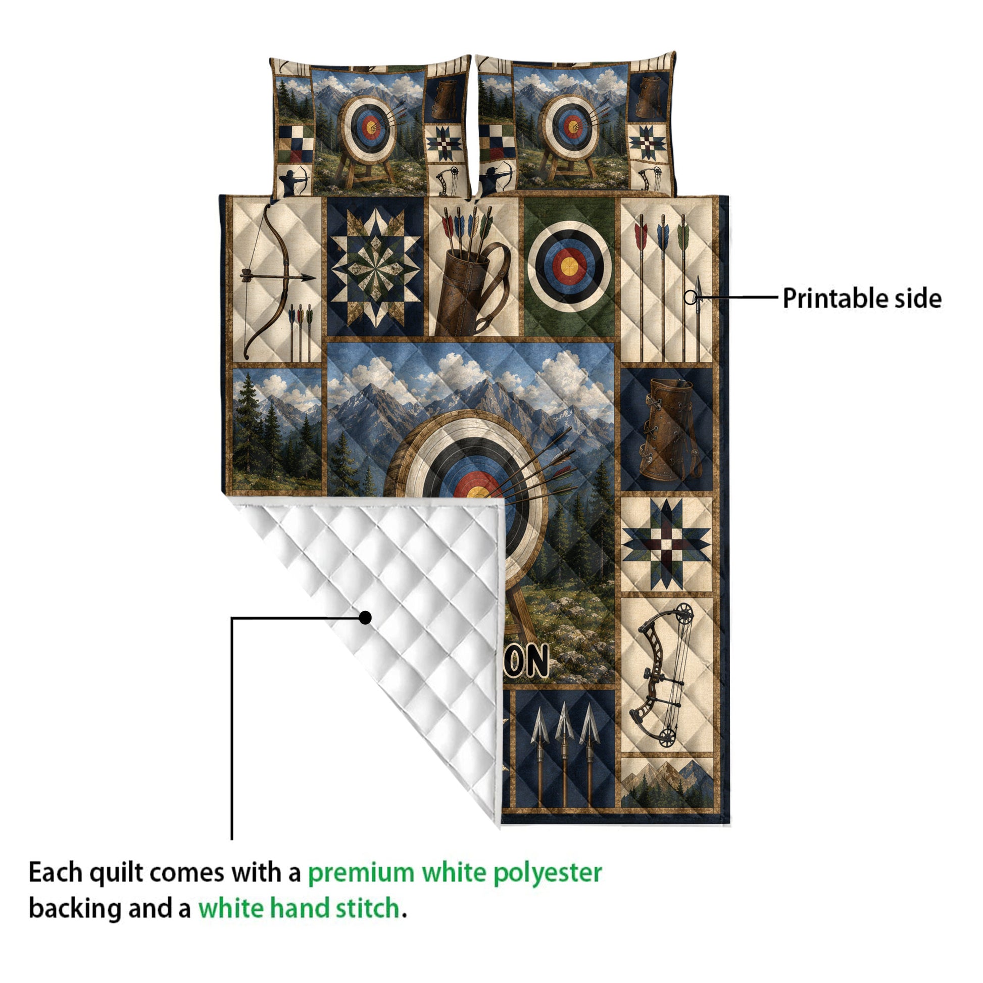 Archery quilt blanket detail showing printed front, white quilted backing, targets, bows, and arrow artwork