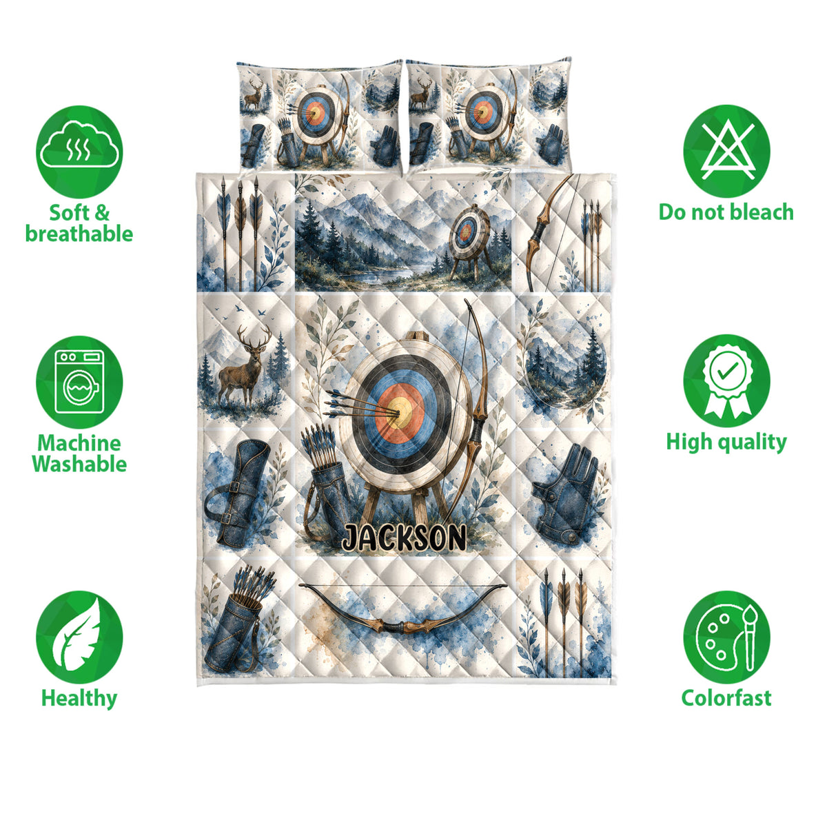 Archery quilt bedding set shown with bow, arrow, target, deer, and mountain artwork in a full layout