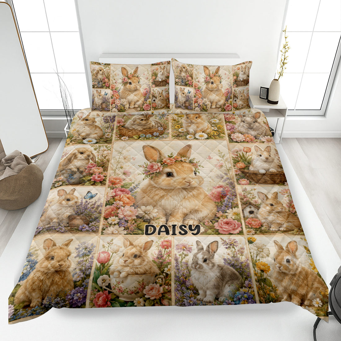 Rabbit quilt blanket spread across a bed with floral artwork and a central bunny portrait