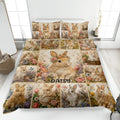 Rabbit quilt blanket spread across a bed with floral artwork and a central bunny portrait