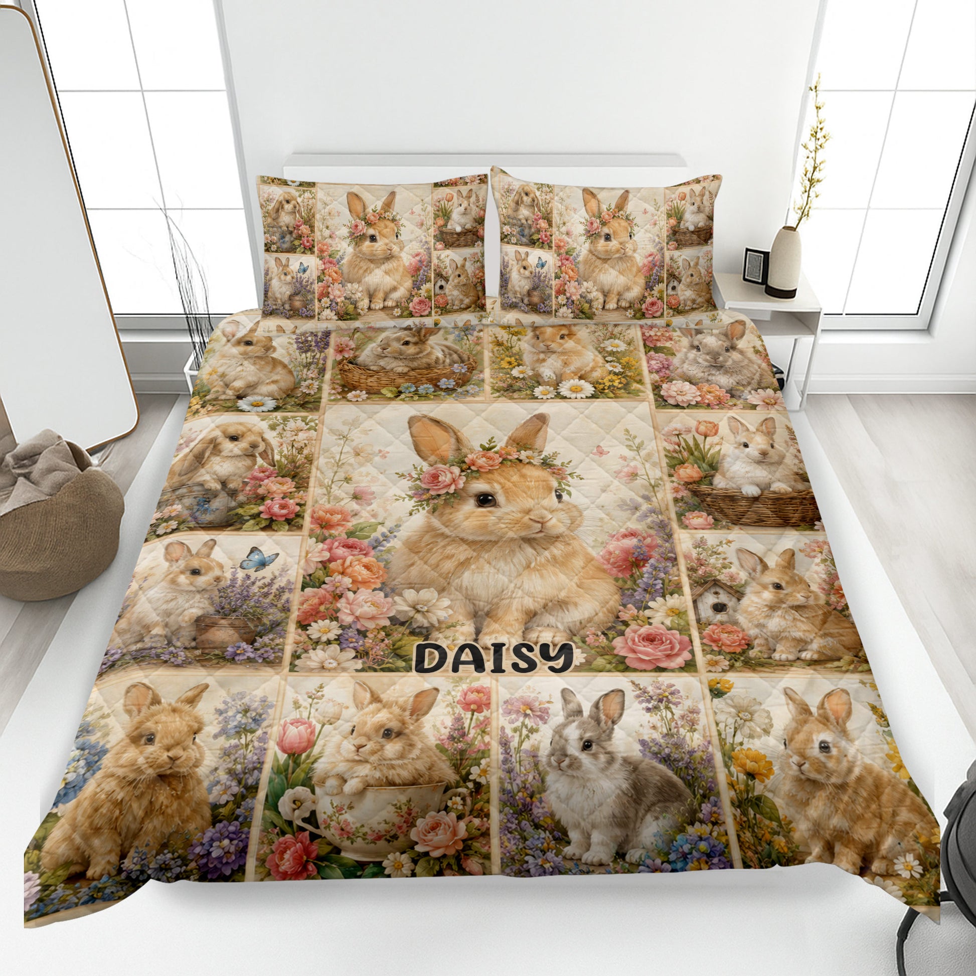 Rabbit quilt blanket spread across a bed with floral artwork and a central bunny portrait