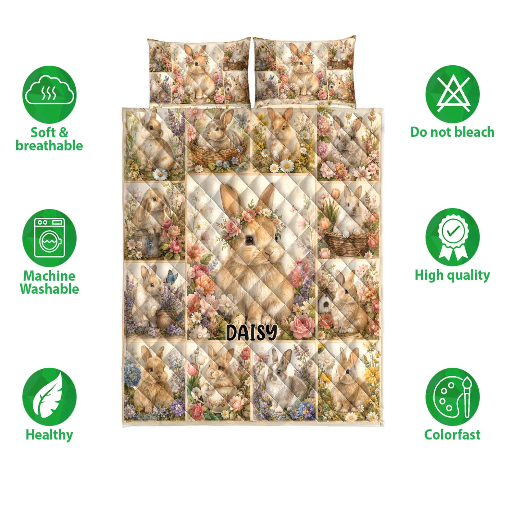 Floral rabbit quilt blanket and pillowcase option shown with product feature icons