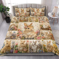 Rabbit and flower quilt blanket styled on a bright bedroom bed with matching artwork