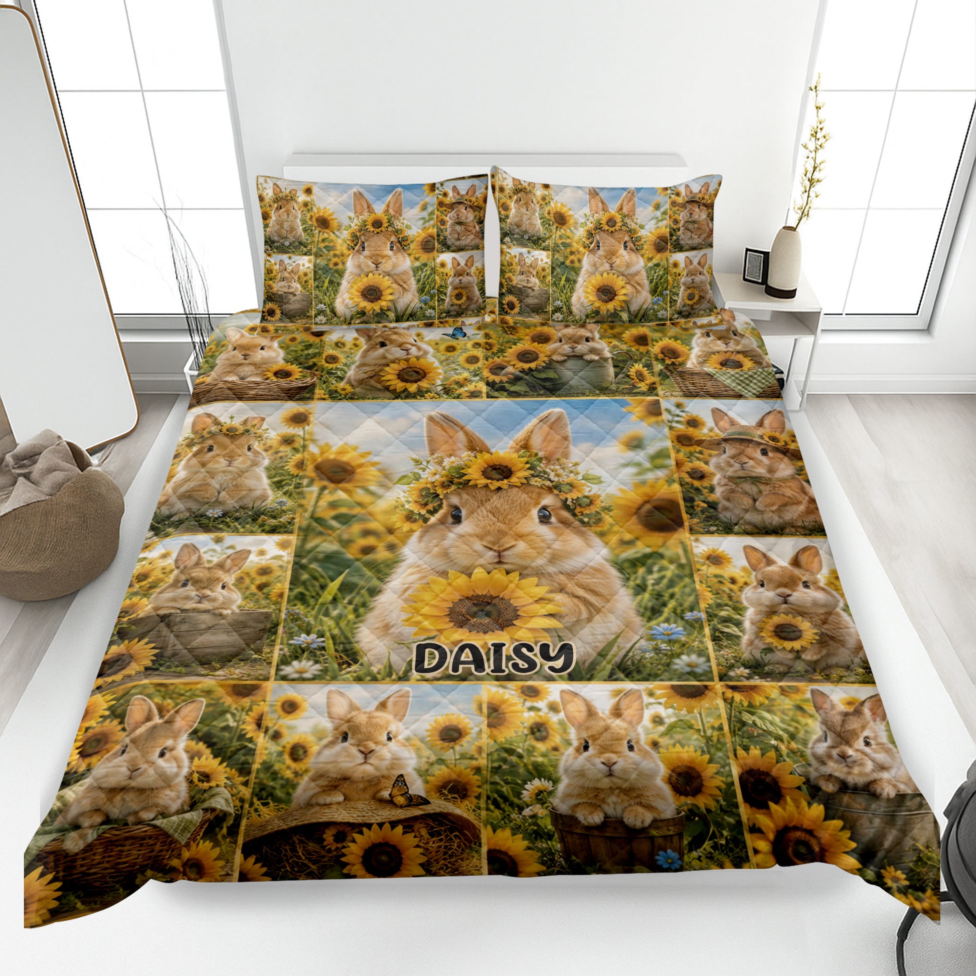 Rabbit quilt bedding set with sunflower artwork displayed on a bright bedroom bed