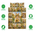 Rabbit and sunflower quilt bedding set shown with product feature icons