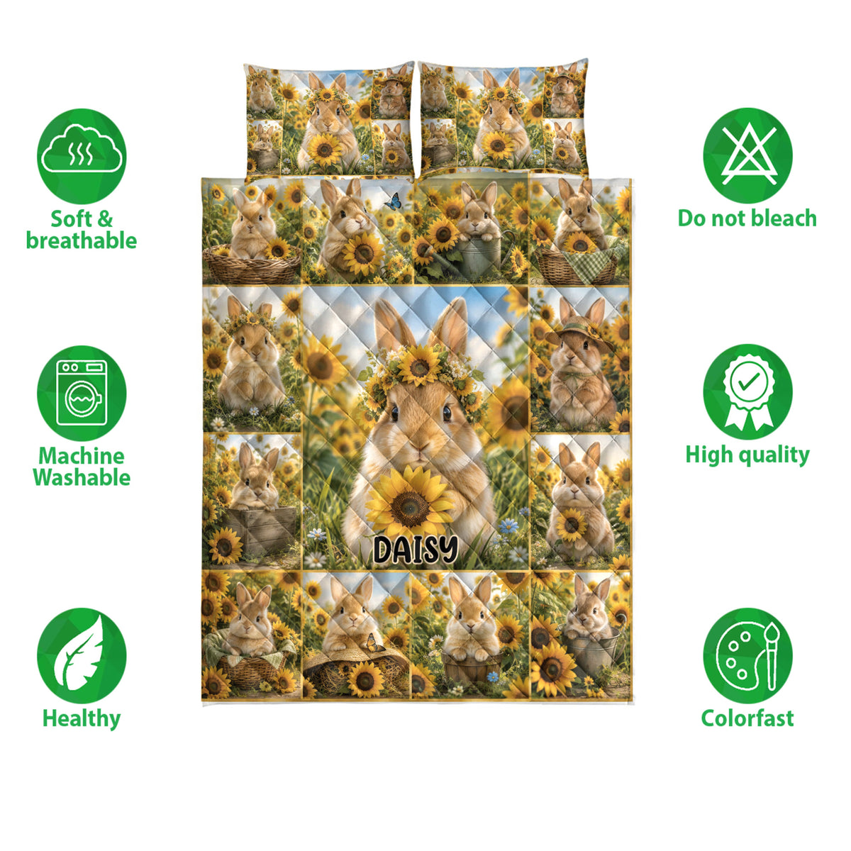 Rabbit and sunflower quilt bedding set shown with product feature icons
