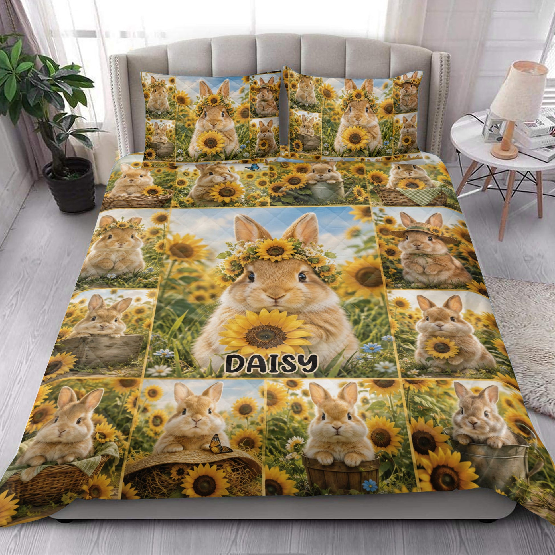 Sunflower rabbit quilt bedding set styled in a bright contemporary bedroom
