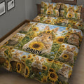 Rabbit and sunflower quilt bedding set presented in a cozy bedroom