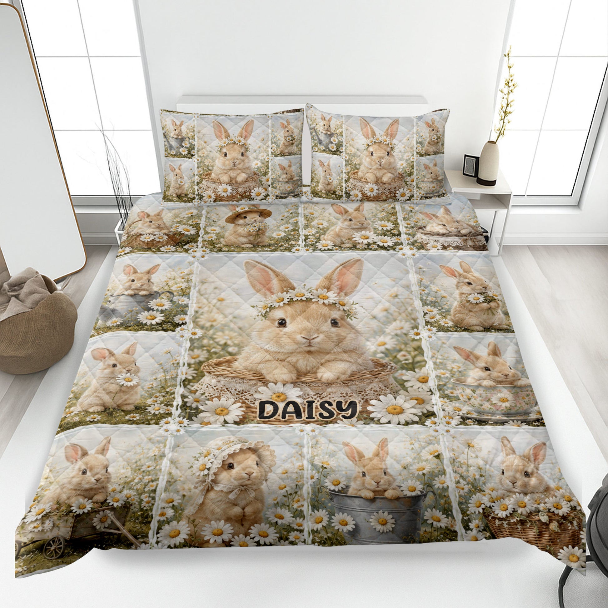 Rabbit quilt blanket featuring floral bunny artwork in baskets, teacups, and a bright bedroom setting