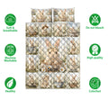 Rabbit quilt bedding set with daisy-covered bunny artwork and illustrated product feature icons