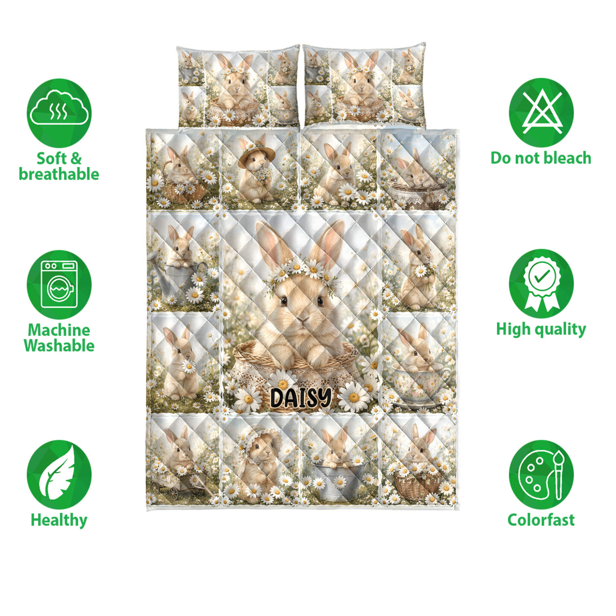 Rabbit quilt bedding set with daisy-covered bunny artwork and illustrated product feature icons