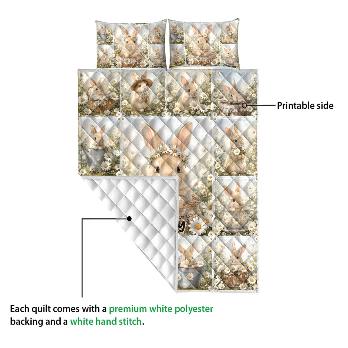 Rabbit quilt showing the printed floral side, quilted white backing, and stitched construction detail