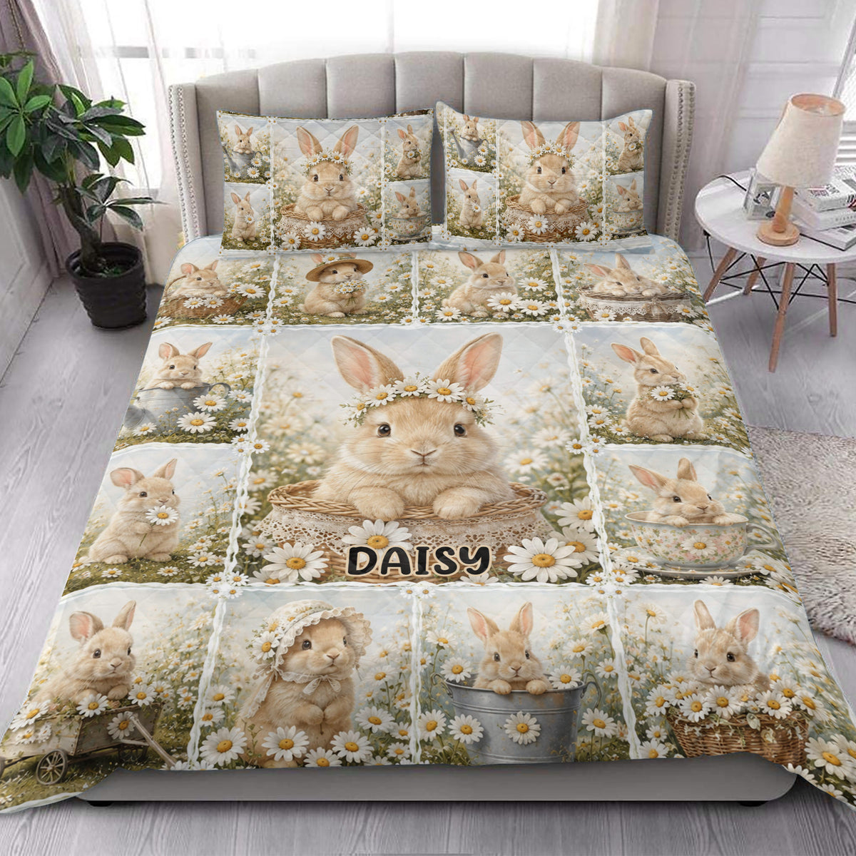 Rabbit quilt blanket styled on a bedroom bed with repeating bunny and daisy artwork