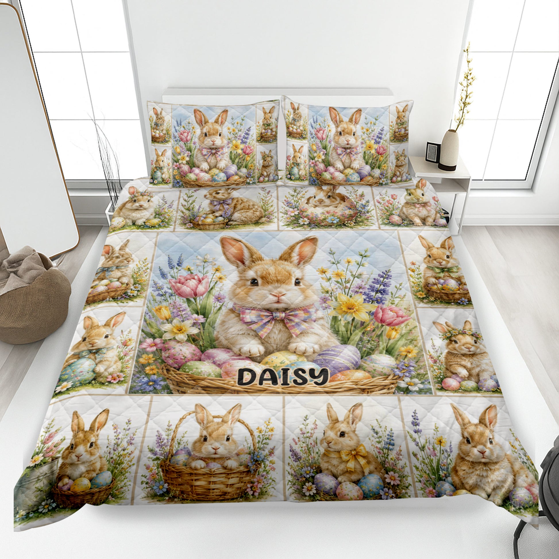 Rabbit quilt blanket featuring floral bunny artwork, colorful Easter eggs, woven baskets, and a bright bedroom setting