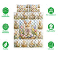 Rabbit quilt bedding set displayed with floral bunny artwork and surrounding care and quality feature icons