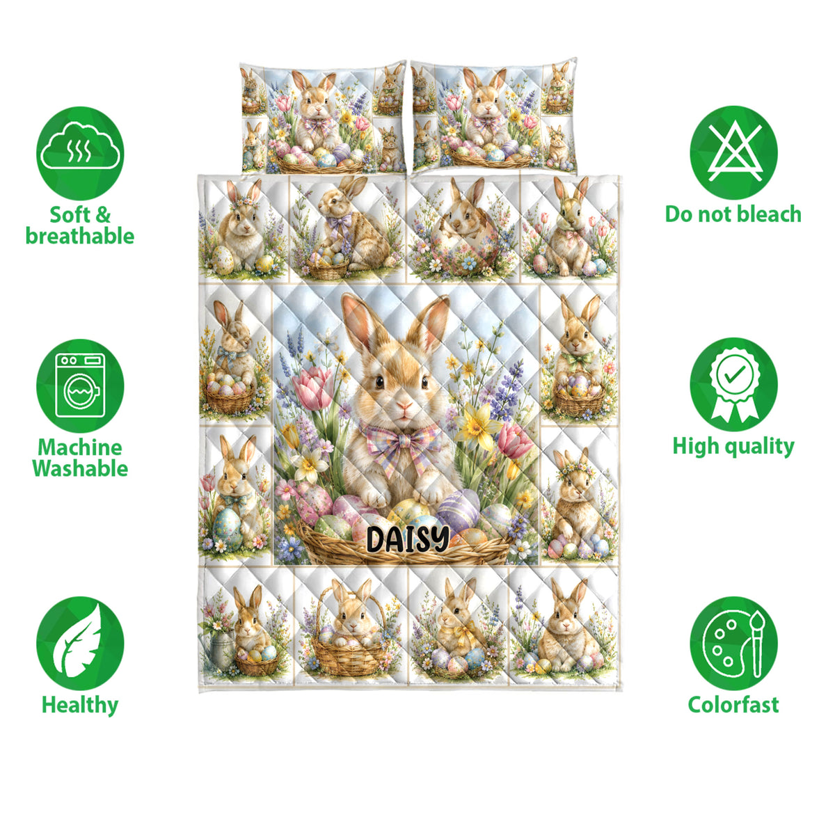 Rabbit quilt bedding set displayed with floral bunny artwork and surrounding care and quality feature icons