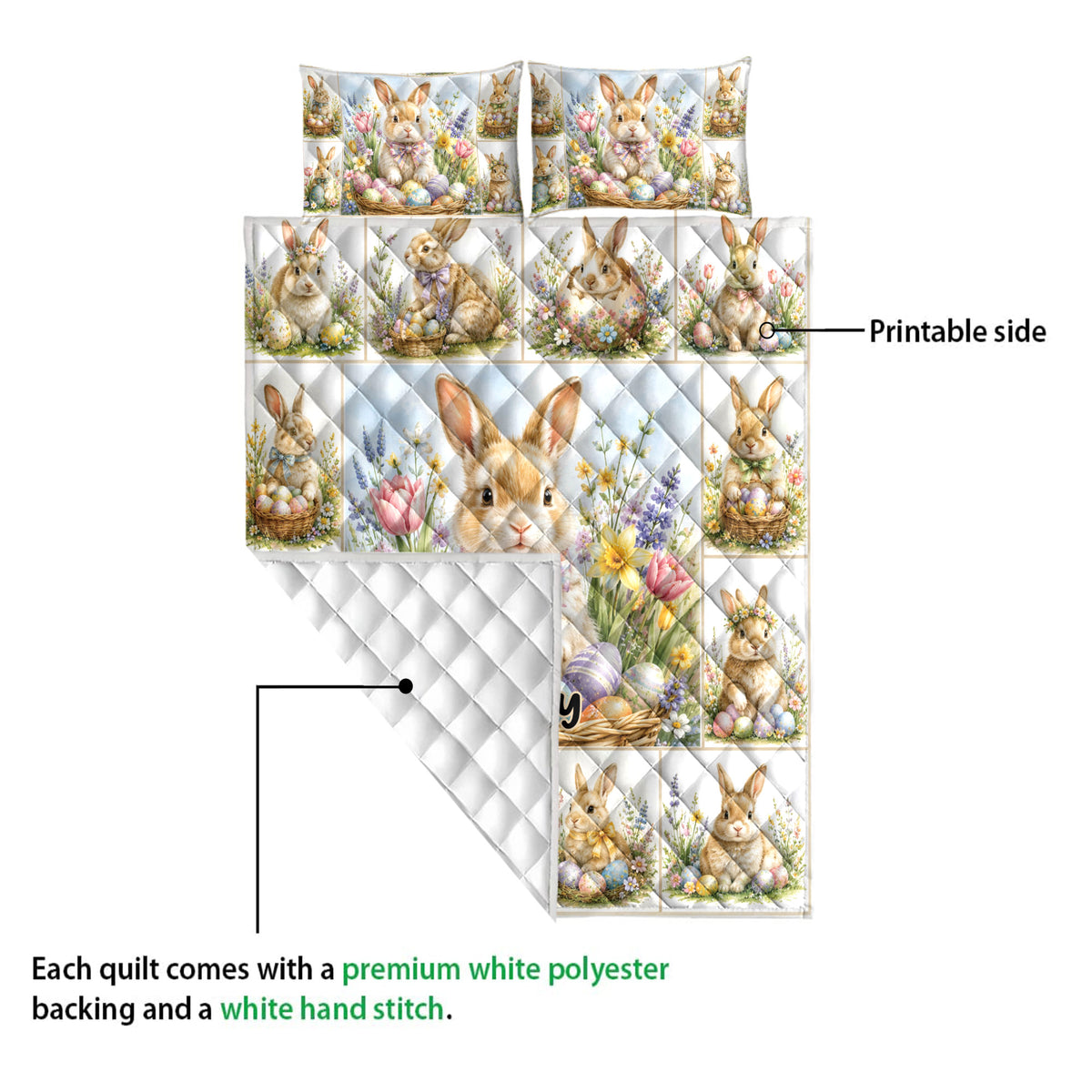 Rabbit quilt showing a colorful printed side with floral bunny scenes and a plain white quilted reverse