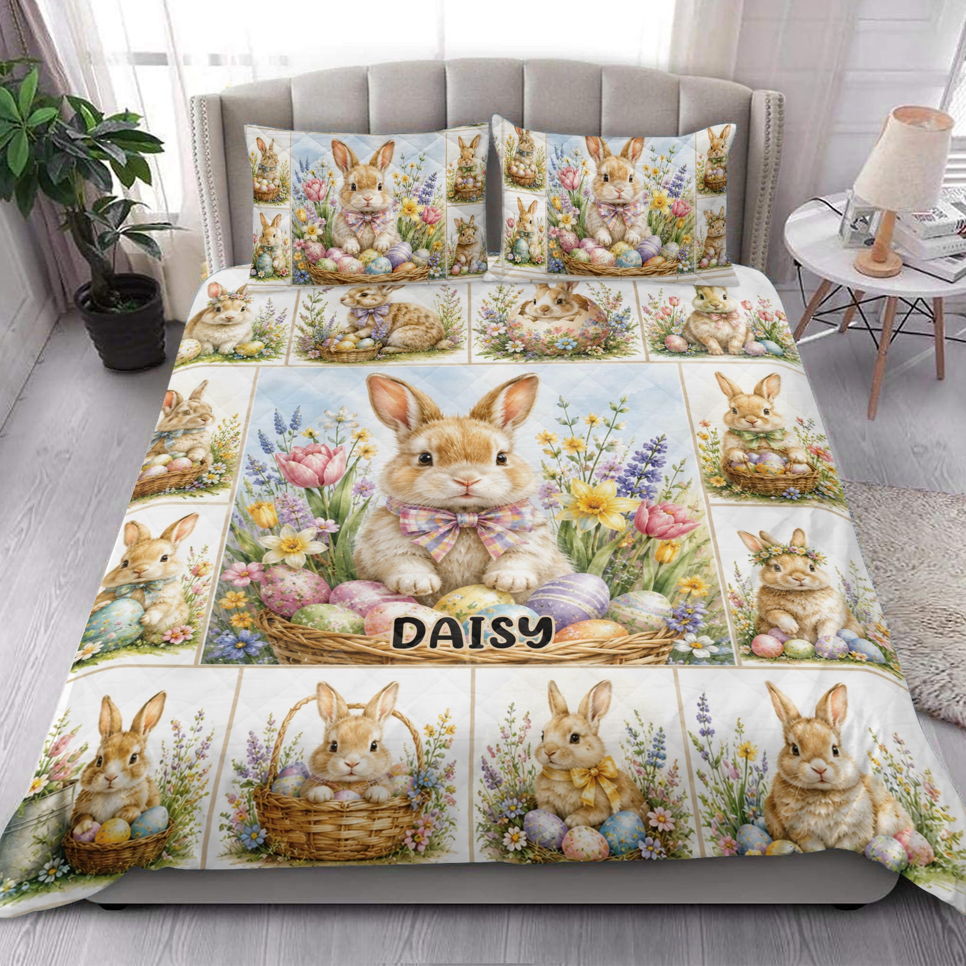 Rabbit quilt blanket styled on a bed with multiple floral bunny scenes and pastel Easter egg artwork