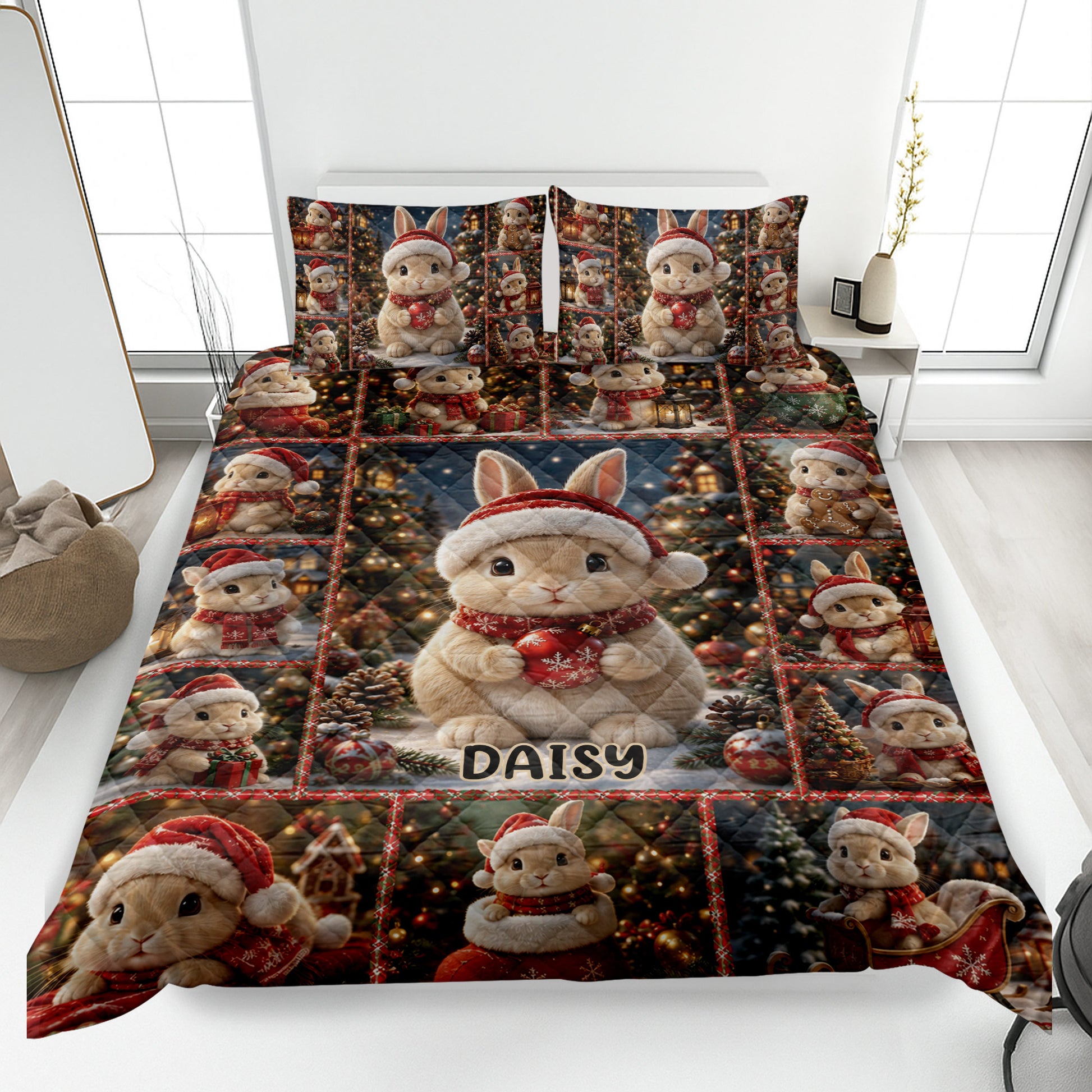 Rabbit Christmas quilt blanket displayed on a bed with festive woodland scenes and red holiday accents