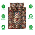 Rabbit Christmas quilt bedding set showing festive artwork with soft breathable and care feature icons