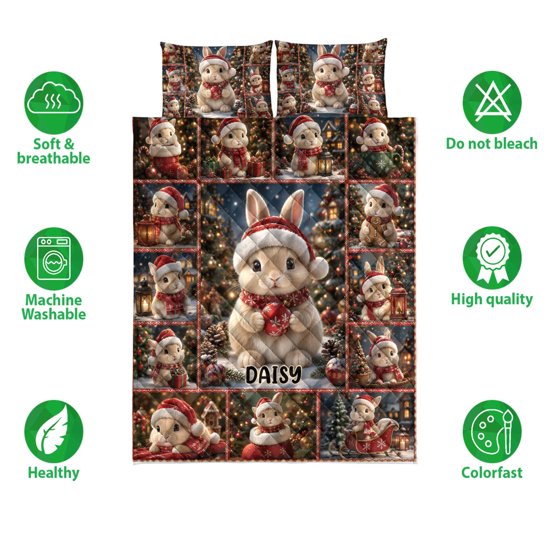 Rabbit Christmas quilt bedding set showing festive artwork with soft breathable and care feature icons