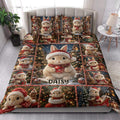 Rabbit Christmas quilt bedding set styled in a bright bedroom with festive bunny artwork