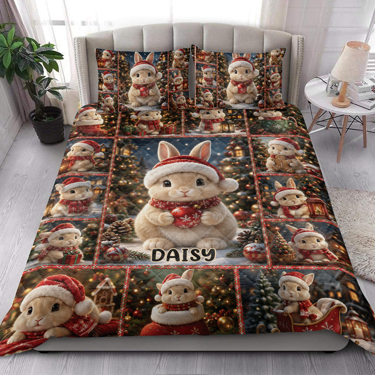 Rabbit Christmas quilt bedding set styled in a bright bedroom with festive bunny artwork