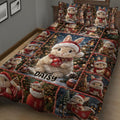 Close-up of a rabbit Christmas quilt blanket featuring Santa hats, gifts, trees and holiday scenes