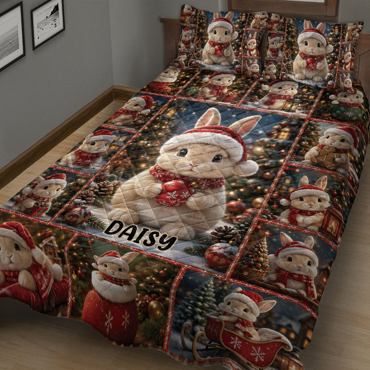 Close-up of a rabbit Christmas quilt blanket featuring Santa hats, gifts, trees and holiday scenes