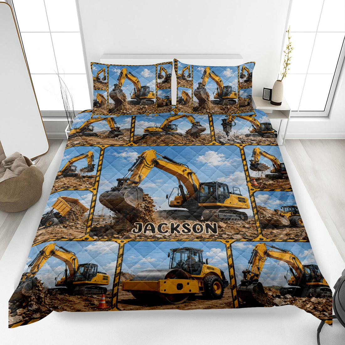 Excavator quilt bedding set displayed on a bed with construction equipment artwork in yellow and blue