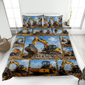 Excavator quilt bedding set displayed on a bed with construction equipment artwork in yellow and blue