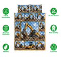 Excavator quilt blanket and pillowcase options shown with care and feature icons