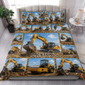 Excavator quilt bedding set styled in a bright bedroom with construction vehicle artwork