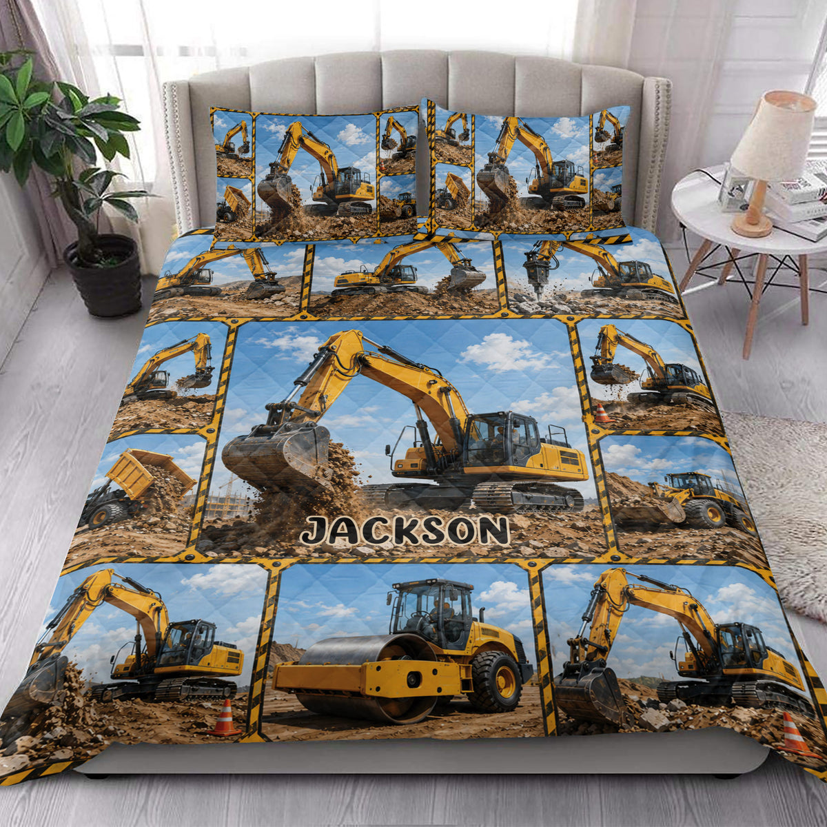 Excavator quilt bedding set styled in a bright bedroom with construction vehicle artwork