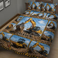 Close view of an excavator quilt blanket featuring heavy equipment at a construction site