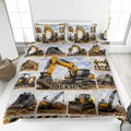 Excavator quilt blanket displayed on a bed with construction equipment artwork and yellow worksite details