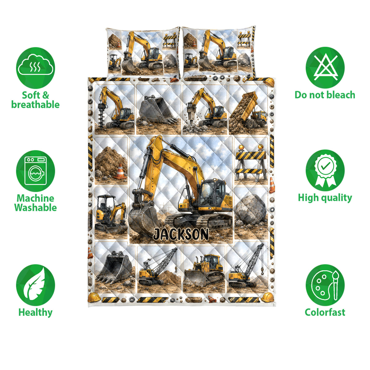 Excavator quilt bedding set shown with matching printed pillowcase options and construction scene artwork