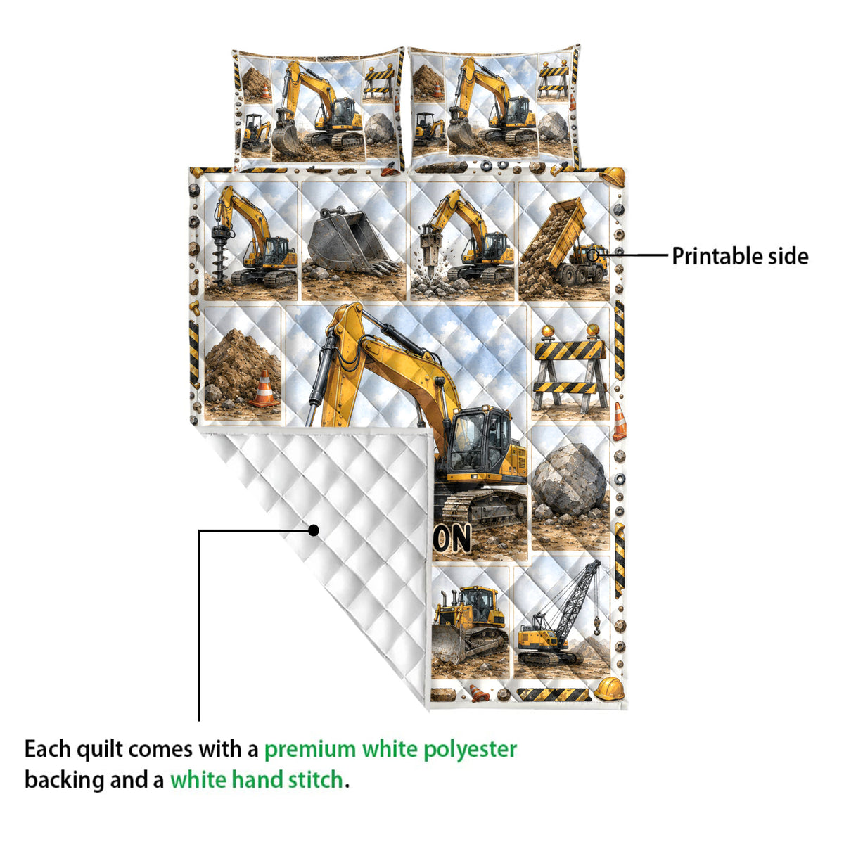 Excavator quilt detail showing the printed front, quilted reverse, and construction vehicle artwork