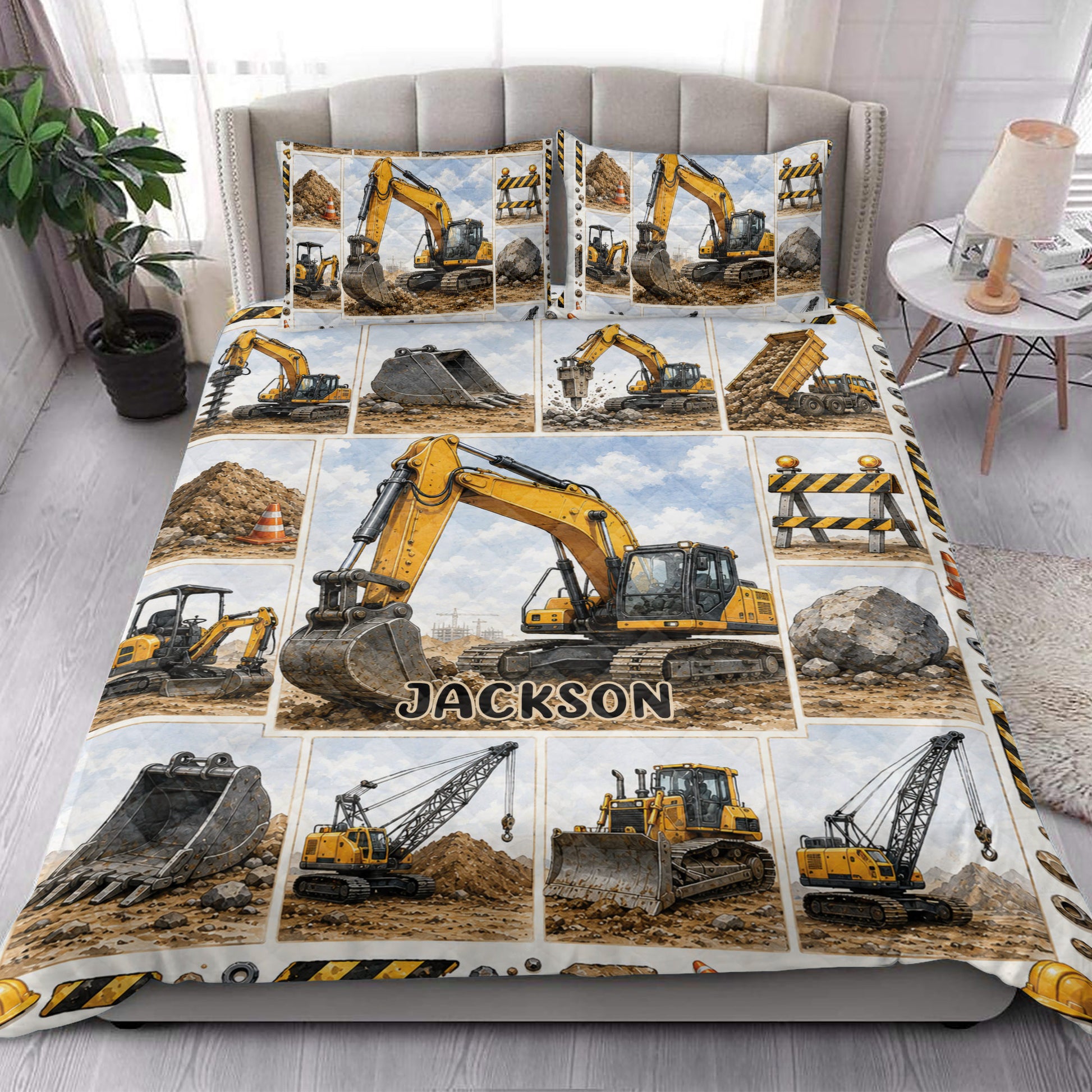 Excavator quilt blanket styled in a bright bedroom with heavy equipment and worksite scene panels